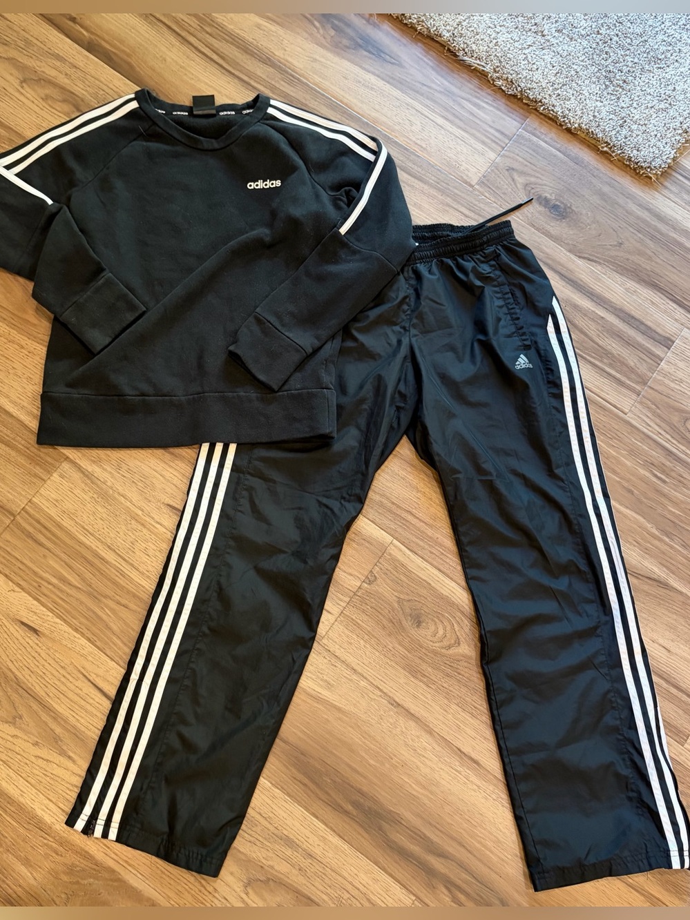 Adidas Black Track Pants and sweatshirt with White Three-Stripes